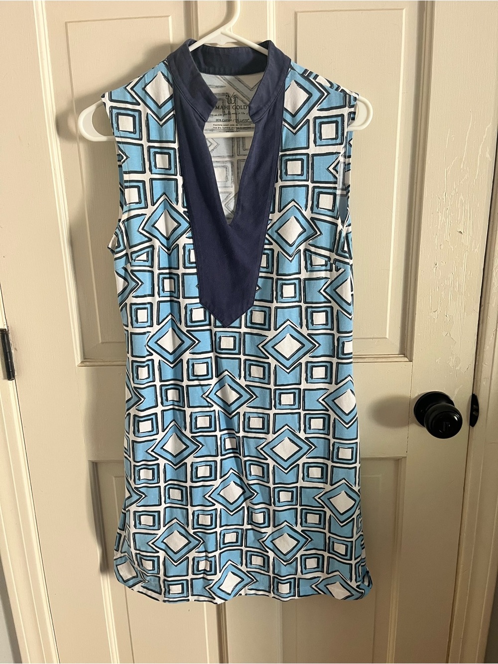 MAHI GOLD Blue Geometric Sleeveless Tunic with Navy V-Neck